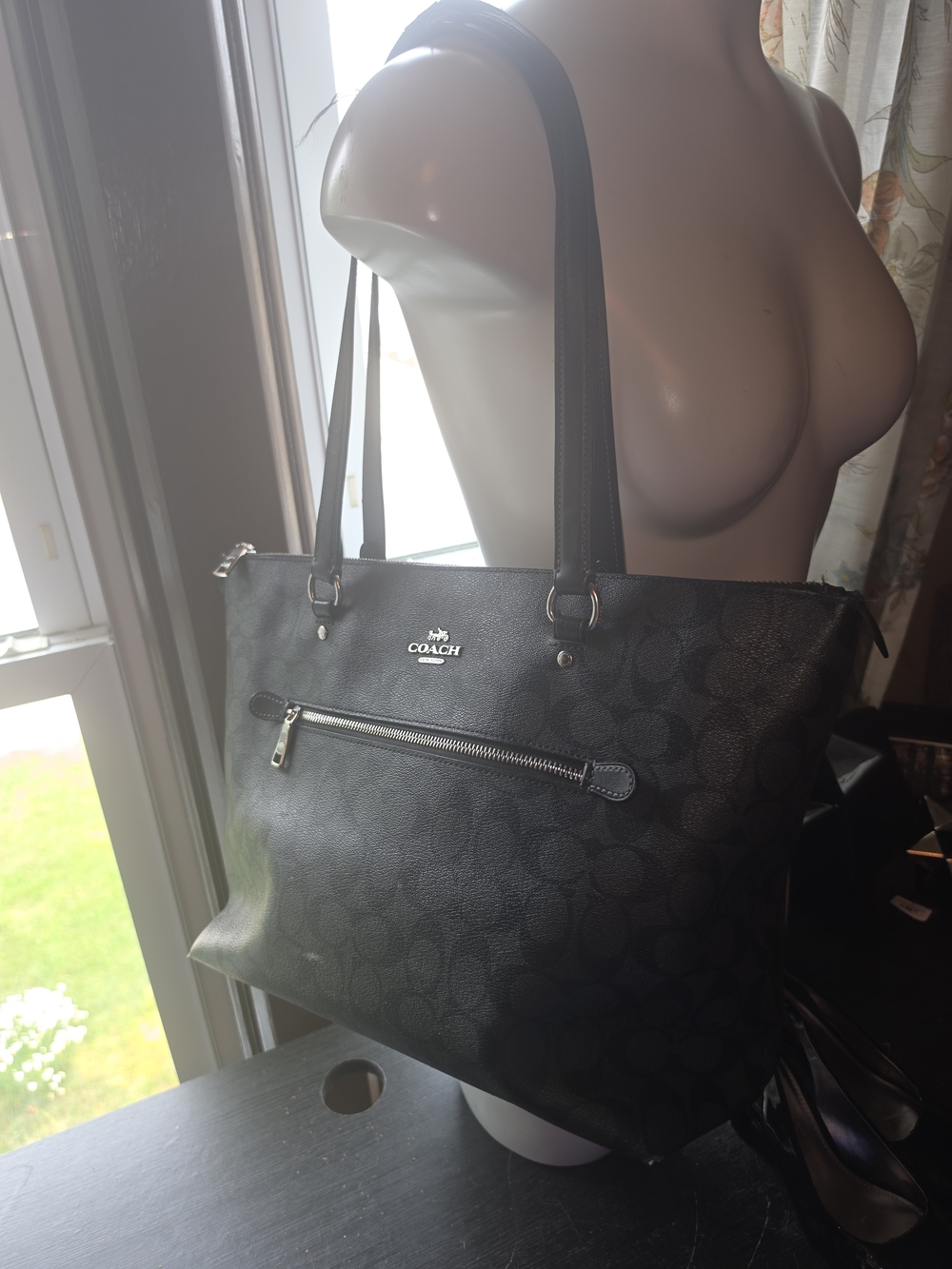 Coach Black Signature Tote with Front Zip